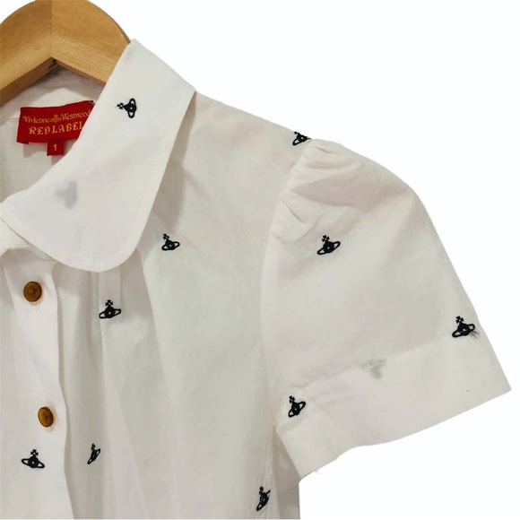 VIVIENNE WESTWOOD • RARE ORB LOGO EMBROIDERED COTTON ROUND COLLAR BLOUSE - Picture 3 of 11
